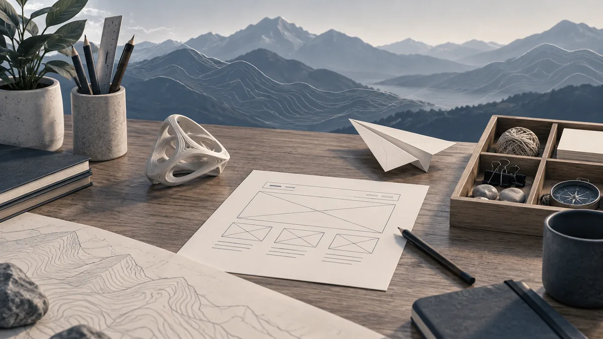 Conceptual studio scene with a paper plane, website sketch, organized tray, and small designed object
